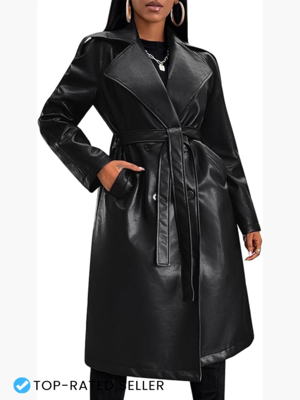 Faux Leather Trench Coat Long Loose Button Lined Open Front Moto Jacket with